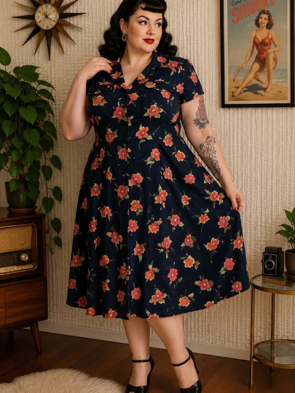 Vintage Karin Stevens Woman Floral Midi Dress 90s Navy Button Front Plus Size 22